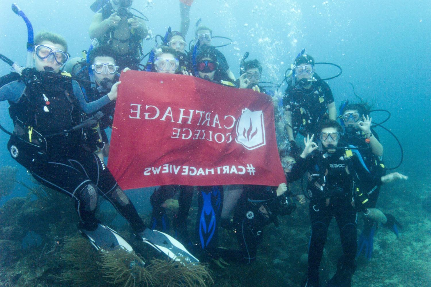 学生们手持<a href='http://kbvt.ngskmc-eis.net'>bv伟德ios下载</a>旗帜，在j学期洪都拉斯游学之旅中潜水.